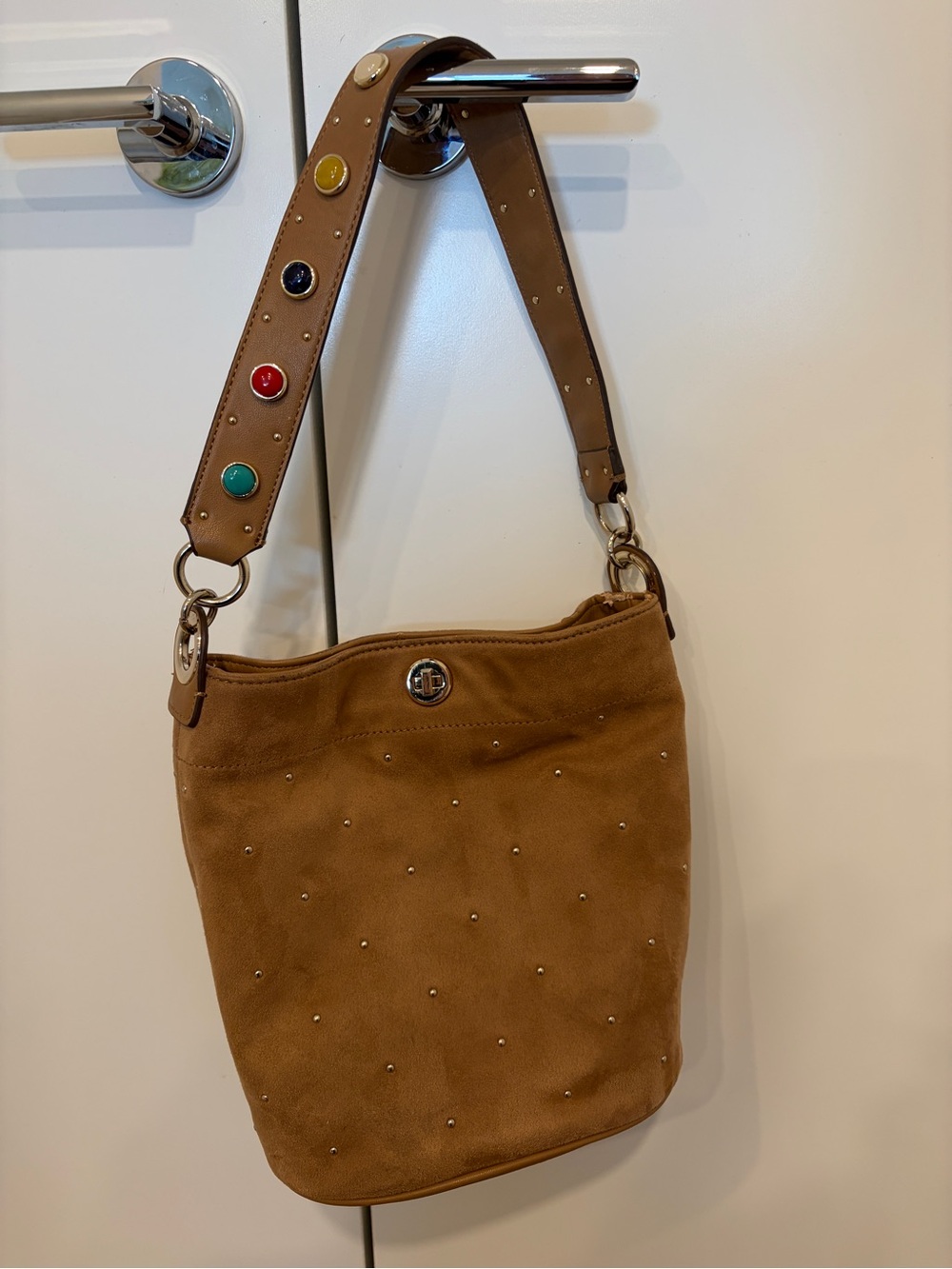 Nine West Brown Studded Suede Shoulder Bag with Colorful Accent Strap